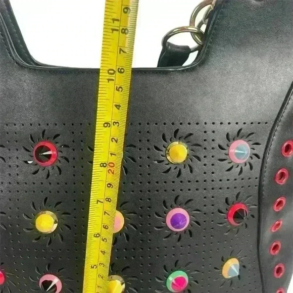 Black  Tote Bag Faux Leather Colorful Studs & Grommet Details, Large 80s Rock - Picture 12 of 16